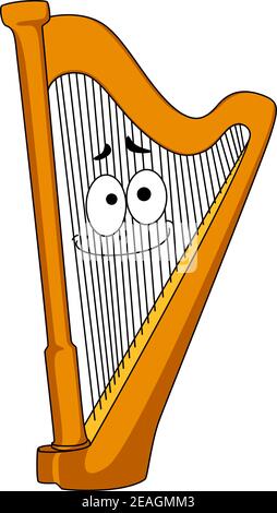 Harpe classique en bois avec un visage souriant sur les cordes, illustration de dessin animé isolée sur blanc Illustration de Vecteur