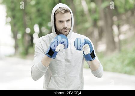 La formation pour le grand jour. Athlète homme concentré sur le visage avec des gants de boxe sport pratique punch, la nature. Capot Boxer pratiques tête jab punch. Boxer sportif formation avec des gants de boxe. Banque D'Images