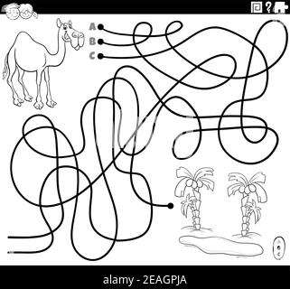 Dessin animé noir et blanc illustration de lignes labyrinthe jeu de puzzle avec le caractère animal dromadaire de chameau et oasis page de livre de coloriage Illustration de Vecteur