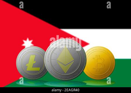 Illustration 3D trois crypto-monnaies Bitcoin Ethereum et Litecoin avec drapeau Jordan sur fond. Banque D'Images