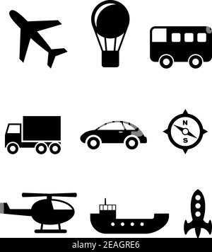 Ensemble de neuf icônes de transport silhouette avec un avion, ballon à air chaud, bus, camion, voiture, boussole, hélicoptère, bateau et fusée Illustration de Vecteur