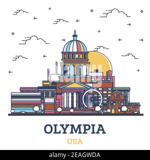 Aperçu Olympia Washington City Skyline avec bâtiments de couleur isolés sur blanc. Illustration vectorielle. Olympia USA Cityscape avec des monuments. Illustration de Vecteur