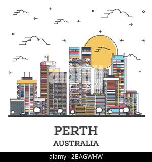 Contour Perth Australie ville Skyline avec des bâtiments modernes colorés isolés sur blanc. Illustration vectorielle. Perth CityScape avec des sites touristiques. Illustration de Vecteur