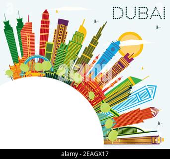 Dubai Emirats Arabes Unis City Skyline avec bâtiments couleur, ciel bleu et espace de copie. Illustration vectorielle. Voyages d'affaires et tourisme Illustration de Vecteur