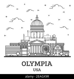 Aperçu Olympia Washington City Skyline avec bâtiments modernes isolés sur blanc. Illustration vectorielle. Olympia USA Cityscape avec des monuments. Illustration de Vecteur