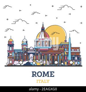 Contours Rome Italie Ville avec des bâtiments couleur isolé sur blanc. Vector Illustration. La ville de Rome avec des points de repère. Illustration de Vecteur