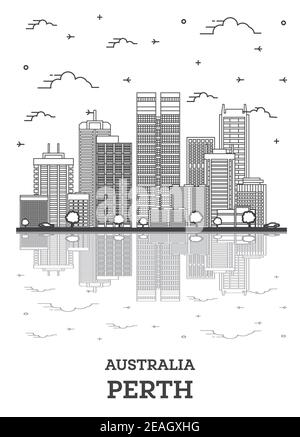 Aperçu Perth Australie City Skyline avec bâtiments modernes et réflexions isolées sur le blanc. Illustration vectorielle. Perth Cityscape avec sites touristiques. Illustration de Vecteur