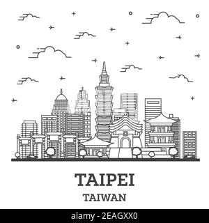 Contours Taipei Taiwan sur les toits de la ville avec des immeubles modernes isolé sur blanc. Vector Illustration. La ville de Taipei avec repères. Illustration de Vecteur