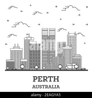 Aperçu Perth Australie City Skyline avec bâtiments modernes isolés sur blanc. Illustration vectorielle. Perth Cityscape avec sites touristiques. Illustration de Vecteur