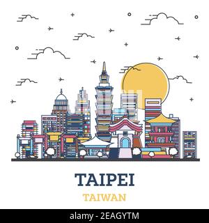 Frontières Taipei Taiwan Skyline avec des bâtiments modernes colorés isolés sur blanc. Illustration vectorielle. Taipei Cityscape avec des sites touristiques. Illustration de Vecteur