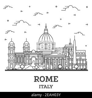 Contours Rome Italie Ville avec ses bâtiments historiques isolé sur blanc. Vector Illustration. La ville de Rome avec des points de repère. Illustration de Vecteur