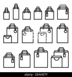 Ensemble d'icônes Outline Shopping Bag. Illustration vectorielle. Icônes de sac de marché en papier isolées sur blanc. Illustration de Vecteur