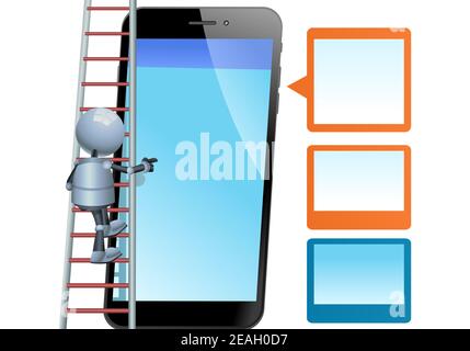 illustration 3d d'un petit robot sur un escalier touchant un géant smartphone sur fond blanc isolé Banque D'Images
