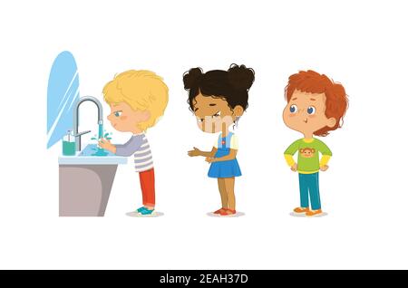 Hygiène. Les enfants se lavent les mains. Perspective des enfants se tenant au lavabo. Les filles et les garçons de l'école attendent de se laver Illustration de Vecteur