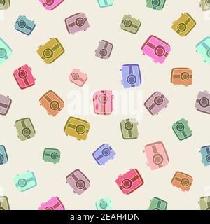 Motif sans couture avec appareil photo à la main sur fond de couleur. Icônes des éléments d'entreprise dans le style doodle, infographie. Vecteur mode Illustration de Vecteur