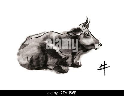 Vache au repos, illustration vectorielle sumi-e. Peinture à l'encre orientale . Symbole de la nouvelle année orientale de l'Ox. Illustration de Vecteur