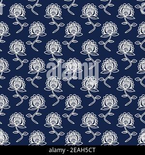 Imprimé en similibois indigo sans couture motif floral ethnique sur tout le motif. Décoration orientale traditionnelle de l'Inde, fleurs du Rajasthan, ecru sur bleu marine. Illustration de Vecteur