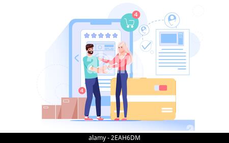 Personnages de dessins animés plats recevant des achats en ligne, illustration du vecteur de service de livraison de commande concept Illustration de Vecteur