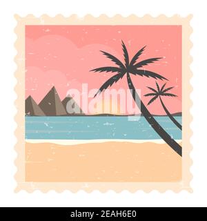 Plage rétro ligne de mer et coucher de soleil - vecteur palmiers tropicaux arbres avec fond de paysage coloré Illustration de Vecteur