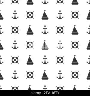 Motif marin sans couture avec casque noir et ancrages sur le blanc. Décoration de volant bateau et bateau. Arrière-plan marin avec barre. Vecteur d'été f Illustration de Vecteur