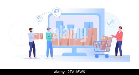 Personnages de dessins animés plats recevant des achats en ligne, illustration du vecteur de service de livraison de commande concept Illustration de Vecteur