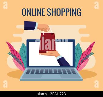technologie d'achat en ligne dans un ordinateur portable avec vecteur de sac de levage des mains conception de l'illustration Illustration de Vecteur