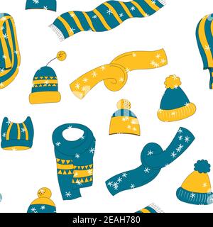 Motif hiver sans couture avec accessoires hiver : chapeaux et foulards sur fond blanc. Mignon vecteur hiver chaud vêtements tricotés dans le style de dessin animé Illustration de Vecteur