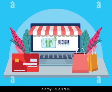 technologie d'achat en ligne dans un ordinateur portable avec carte de crédit et sacs illustration vectorielle Illustration de Vecteur