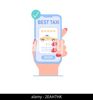 Voiture de taxi de dessin animé plate, smartphone, service de commande en ligne application mobile, concept d'illustration vectorielle Illustration de Vecteur