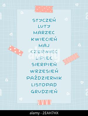 Bleu isolé ensemble de mois plats de janvier à décembre en langue polonaise, ombre blanche. Arrière-plan à motifs avec bande rose et papier avec l Illustration de Vecteur