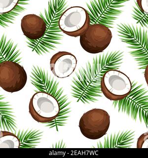 Motif vectoriel sans couture avec noix de coco et feuilles de noix de coco sur fond blanc. Illustration de Vecteur