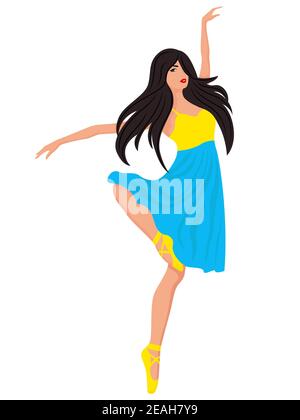 Belle ballerine en robe jaune et bleue, dessin à la main vecteur, isolé sur le fond blanc Illustration de Vecteur