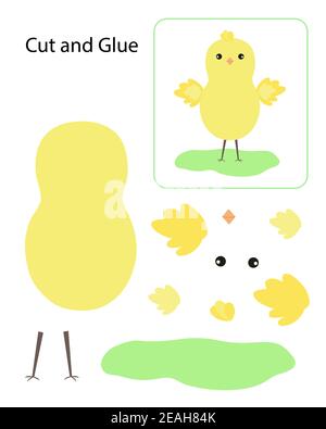 Couper et coller l'activité éducative pour les enfants, bricolage papuraft de poulet de Pâques, simple dessin animé ferme vecteur illustration feuille de travail Illustration de Vecteur
