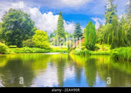 Peinture numérique d'un jardin, montrant des arbres et des buissons reflétés dans un lac. Banque D'Images