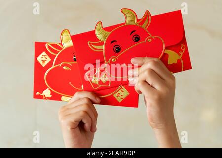 Enfant tenant une paire de poches rouges pour l'année Ox Et les Chinois signifient chance et fortune Banque D'Images