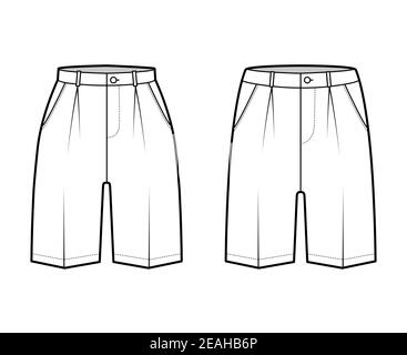 Ensemble de shorts Bermuda robe pantalon illustration technique de la mode avec longueur au-dessus du genou, pli unique, taille basse, taille haute, poche cintrée. Pied plat bas avant couleur blanche. Maquette CAD pour femmes et hommes Illustration de Vecteur