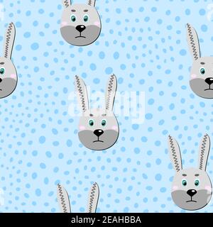 Illustration colorée des animaux plats vectoriels pour les enfants. Motif sans coutures avec joli visage lièvre sur fond de pois bleus. Adorable personnage de dessin animé Illustration de Vecteur