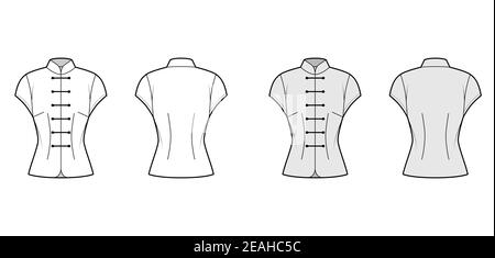 Blouse Mandarin illustration technique de la mode avec petites manches, col montant, corps ajusté, fermeture grenouille. Modèle de haut de vêtements chinois plats avant, arrière, blanc, gris. Maquette CAD pour femmes et hommes Illustration de Vecteur