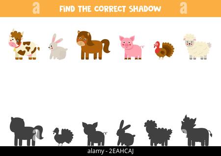 Trouvez des ombres d'animaux de ferme. Jeu logique éducatif pour les enfants. Illustration de Vecteur