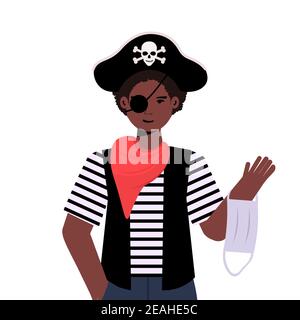 un gars portant un costume de pirate tenant un masque médical heureux halloween partie célébration coronavirus quarantaine concept portrait illustration de vecteur isolé Illustration de Vecteur