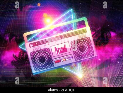 Abstrait ghettoblaster, boombox rétro vaporwave tropical design avec palmiers. Banque D'Images
