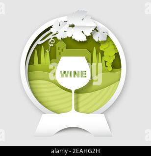 Logo, étiquette, modèle d'emblème de vin. Papier vectoriel verre de vin coupé, vigne, paysage de vignoble dans un cadre rond. Illustration de Vecteur