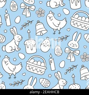 Joli motif de poule de Pâques sans couture avec lapin, panier, œufs de pâques, gâteaux, poulet, brindilles de saule et bougies. Illustration vectorielle dessinée à la main Illustration de Vecteur