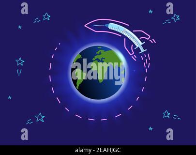 Concept de la propagation du vaccin dans le monde entier. Distribution de la vaccination dans le monde entier. Une fusée avec vaccin est en vol autour de la terre. Illustration vectorielle sur Illustration de Vecteur