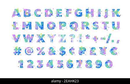 Alphabet anglais vectoriel coloré avec effet de taches de peinture liquide dans les couleurs bleu, vert, rose, isolé sur fond blanc, parfait pour l'impression, poster. Illustration de Vecteur
