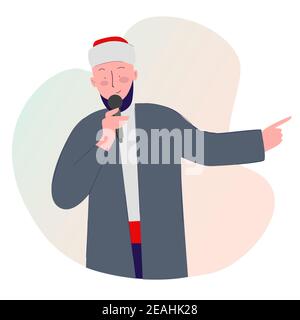 Le chef religieux islamique donne un discours tenant un microphone avec un style de dessin animé plat illustration de la conception vectorielle Illustration de Vecteur