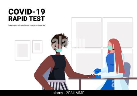 médecin en masque prenant un échantillon de sang de femme afro-américaine patient sur le test rapide de lutte contre le coronavirus concept horizontal portrait illustration vectorielle Illustration de Vecteur