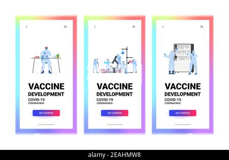 ensemble de scientifiques chercheurs travaillant avec des tubes à essai dans le coronavirus de laboratoire mise au point de vaccins lutte contre le concept covid-19 texte horizontal intégral illustration du vecteur d'espace Illustration de Vecteur