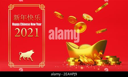 Bonne année chinoise avec pièces d'or et lingot d'or chinois sur fond rouge , rendu 3D Banque D'Images