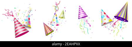 Chapeaux de fête, casquettes d'anniversaire avec rubans colorés et confettis. Articles de chapellerie amusants pour les fêtes d'anniversaire, décoration de fête isolée sur fond blanc, illustration vectorielle 3d réaliste, ensemble d'icônes Illustration de Vecteur